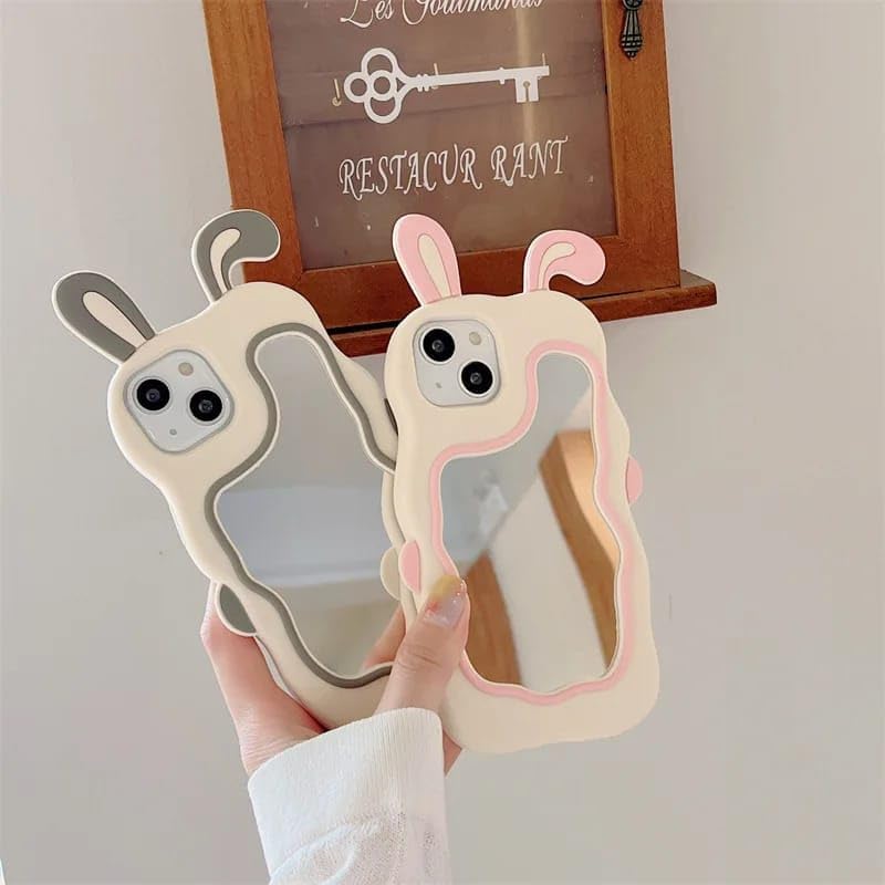 3D Bunny Cartoon Ears Rabbit Wavy Mirror Stereo Kawaii Curvy Makeup Cover